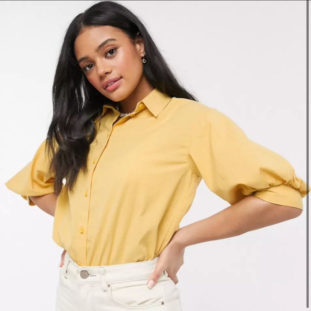 Monki Yellow Collar Stellie Puff Sleeve Button Shirt Size Large